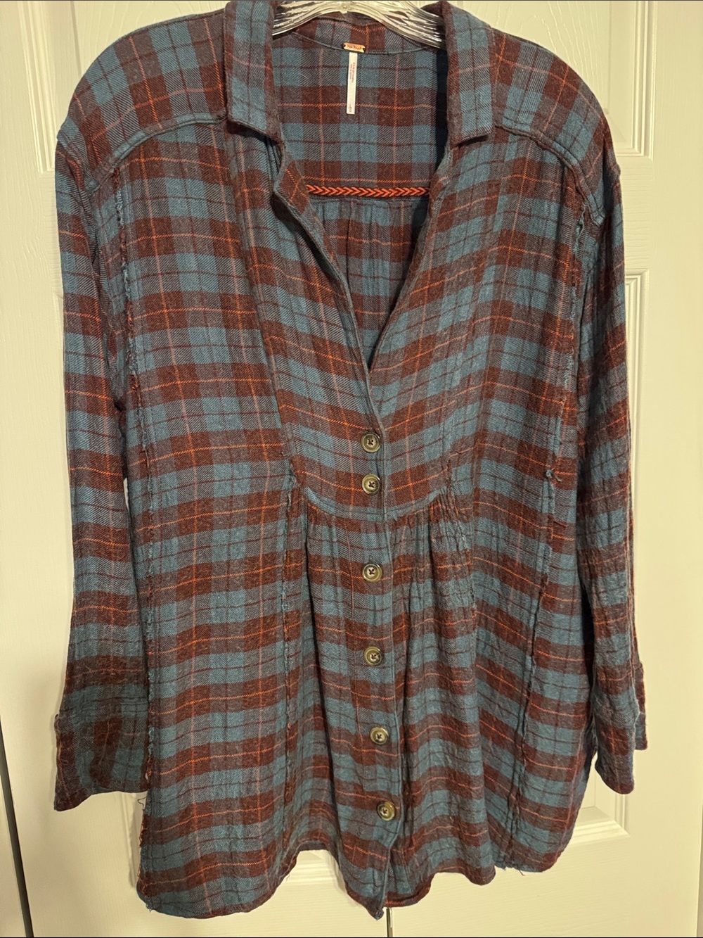 Free People Blue and Burgundy Flannel Plaid Button-Up Tunic